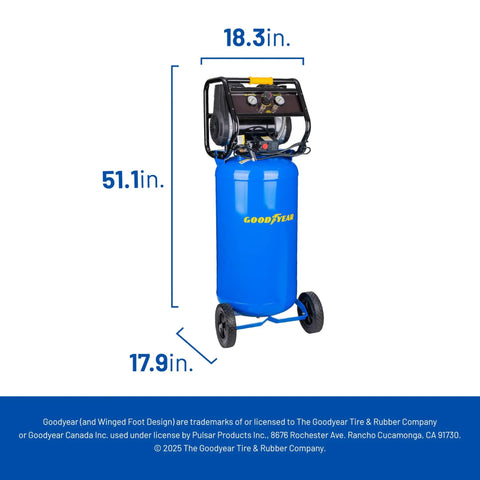 Whisper Quiet 26 Gallon Vertical Air Compressor 175 Psi Oil Free Electric Workshop Beast, showing dimensions and tank design.
