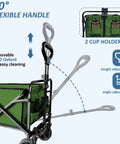 Collapsible Utility Cart Folding Wagon With 320 Lbs Capacity, green, adjustable handle, quiet wheels, cup holders, 600D Oxford.