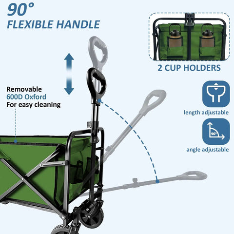 Collapsible Utility Cart Folding Wagon With 320 Lbs Capacity, green, adjustable handle, quiet wheels, cup holders, 600D Oxford.