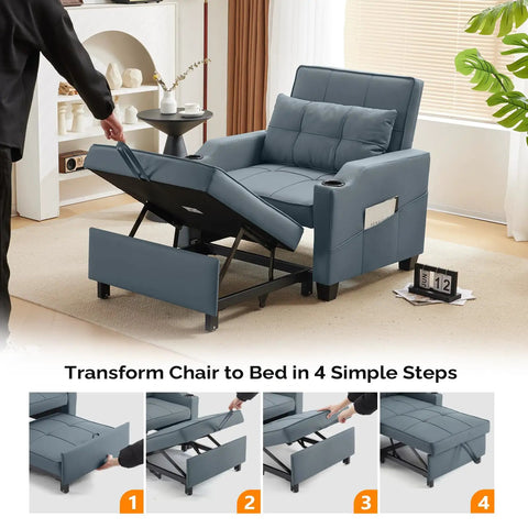 3-In-1 Convertible Sofa Bed Chair With Adjustable Backrest USB Ports And Cup Holders cozy cushions transforming in living room