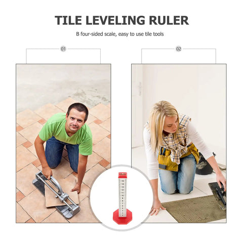 Dual Function Tile Contour Gauge And Ruler Level Tool in use for tile installation, featuring heavy duty metal and plastic design.