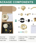 Shower Faucet With Valve And 5 Spray Touch Clean Shower Head package components displayed with solid brass valve and trim kit.