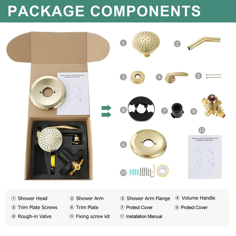 Shower Faucet With Valve And 5 Spray Touch Clean Shower Head package components displayed with solid brass valve and trim kit.