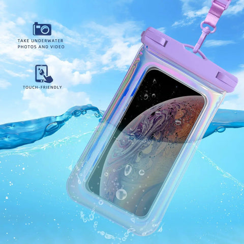 Floatable IP68 Waterproof Phone Pouch For iPhone 13 14 15 16 Pro Max and 17, Dry Bag With Crossbody Lanyard, Iridescent Purple Pink