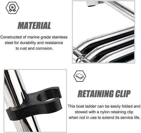 Foldable Telescoping Boat Deck Ladder with stainless steel construction and retaining clip detail for yacht or pool use.