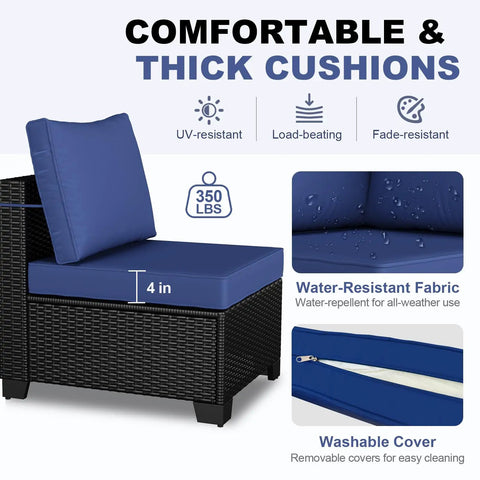 7 Piece Outdoor Patio Sectional Wicker Rattan Set In Coffee Blue With Waterproof Cushions, featuring thick blue cushions