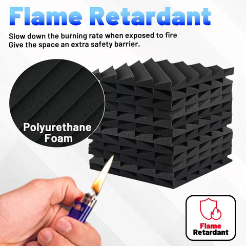 Flame retardant polyurethane foam from the Top Shelf Heavy Duty 48 Pack Sound Proof Foam Panels for safety and noise reduction.