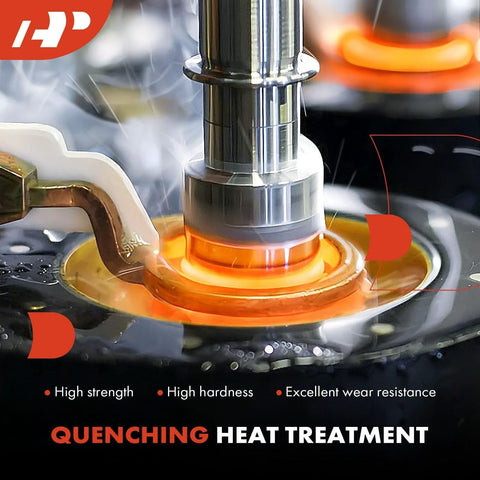 Quenching heat treatment process for metal component shown with orange glow highlighting high strength and hardness.