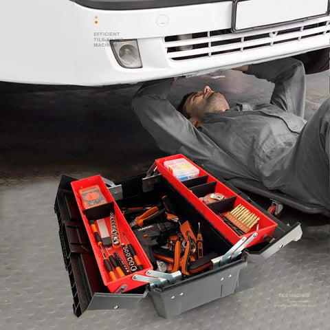 18.5 Inch Tool Box Organizer With Adjustable Compartments Portable Tool Storage Chest open with tools on garage floor