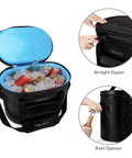 Heavy Duty Soft Sided Cooler Bag In Sleek Black With Thick Thermal Wrap To Keep Your Stash Bone Cold And Fully Leak Proof Carry All Fits Thirty Cans Smooth For Road Trips Tailgates And Lake Days filled with drinks on ice, showing airtight zipper and beer opener