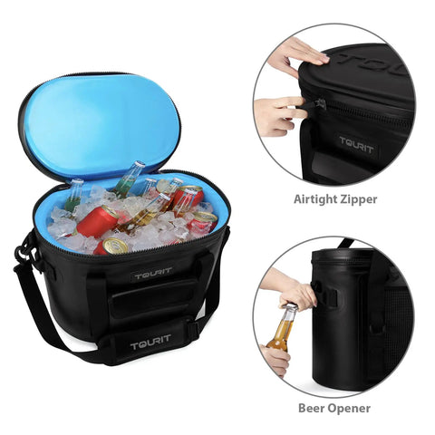 Heavy Duty Soft Sided Cooler Bag In Sleek Black With Thick Thermal Wrap To Keep Your Stash Bone Cold And Fully Leak Proof Carry All Fits Thirty Cans Smooth For Road Trips Tailgates And Lake Days filled with drinks on ice, showing airtight zipper and beer opener