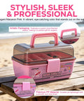 All In One Trout Fishing Tackle Kit With Pink Box featuring premium design and compartments; displayed on a beach table.