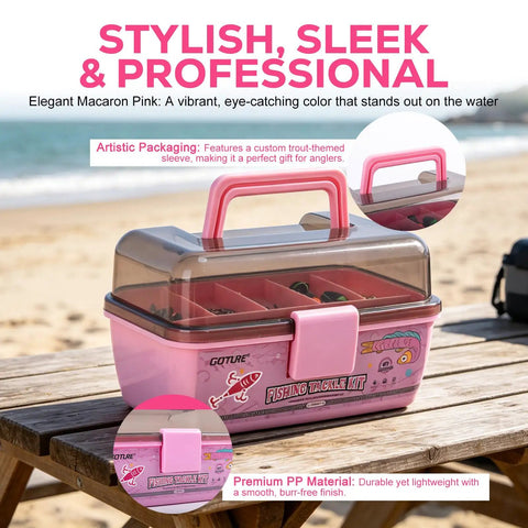 All In One Trout Fishing Tackle Kit With Pink Box featuring premium design and compartments; displayed on a beach table.