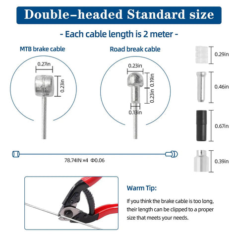 Universal Bike Brake Cable Set, 4 Pack 2M Standard Inner Wires for MTB and Road Bikes with detailed measurements