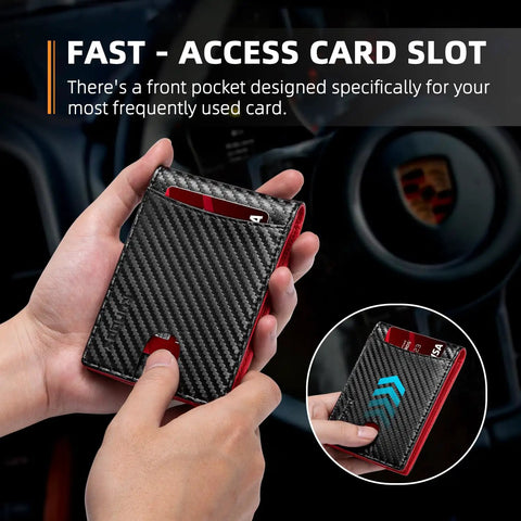 Slim Money Clip Wallet For Men RFID Blocking 11 Card Pockets Minimalist Leather with quick pull notch in use
