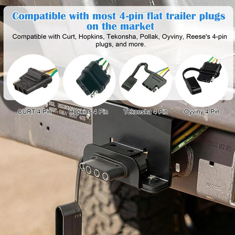 Vehicle Side 4 Way Flat Trailer Wiring Harness Mounting Bracket Kit with 4-pin connectors shown in compatibility chart