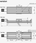 Technical drawing showing dimensions of Boss Level Xc150 Cnc Linear Stage Motion Actuator Featuring 400Mm Zero Flex Track.