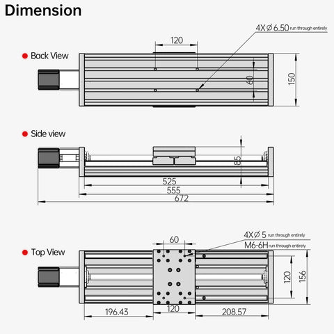 Technical drawing showing dimensions of Boss Level Xc150 Cnc Linear Stage Motion Actuator Featuring 400Mm Zero Flex Track.