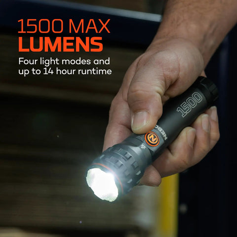 Close-up of hand holding Double Up 1500 Lumen 2 Pack EDC Flashlights USB C Rechargeable With 4 Light Modes 3x Zoom.