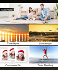 4K UHD 60FPS Camcorder With 64MP Dual Lens captures auto photo, time-lapse, slow motion, continuous pic, and timer shooting modes.