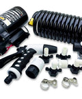 80 PSI 7.5 GPM Marine Washdown Pump Kit 12V Self Priming Water Pump With hose, connectors, filter, and accessories displayed