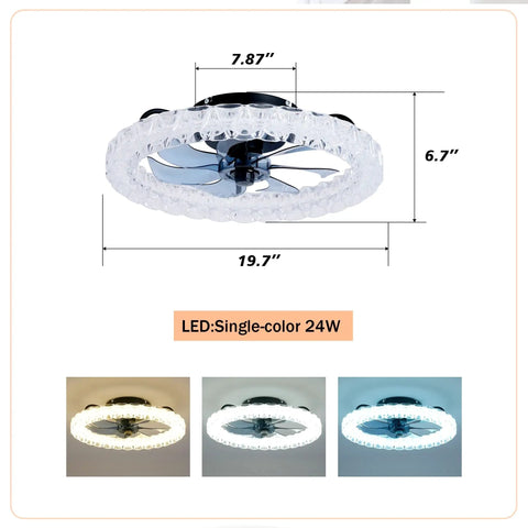 Dimensions of Neojoyoenix Light Fixture, Galaxy Ceiling Fans with Kit, showing 19.7inch round design with LED light.