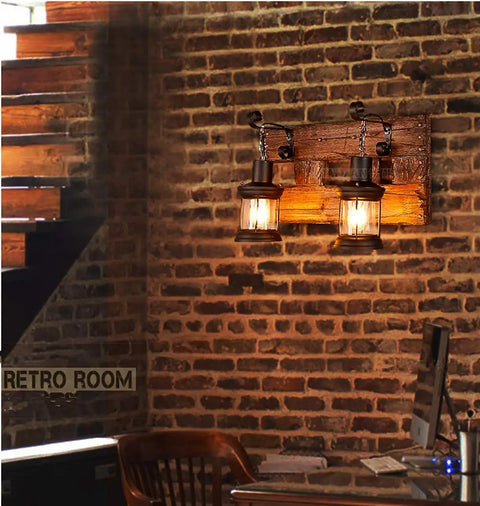 Industrial Farmhouse Wall Sconce Lighting Fixture With Wooden Base And Two Lantern Lights in a cozy home office setting
