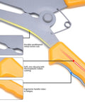 Close-up of 14 Piece Miter Spring Pliers Kit with ergonomic grip, highlighted features include rust-resistant metal and rubber coating.