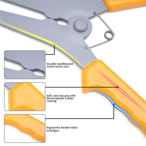 Close-up of 14 Piece Miter Spring Pliers Kit with ergonomic grip, highlighted features include rust-resistant metal and rubber coating.