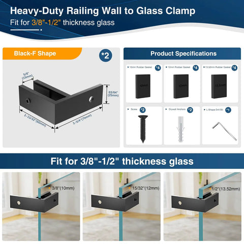 Two Pack Matte Black Wall To Glass Clamp For 90 Degree Railing Heavy Duty T304 Stainless Steel Clips Fit 3/8 To 1/2 Inch Glass