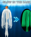 Slick Silicone Jig Skirts For Spinnerbaits And Buzzbaits With Shimmering Flakes glowing in the dark, showcasing white and green strands.