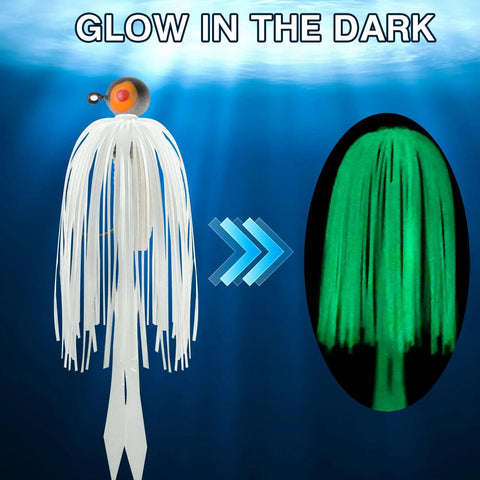 Slick Silicone Jig Skirts For Spinnerbaits And Buzzbaits With Shimmering Flakes glowing in the dark, showcasing white and green strands.