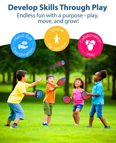Children playing Toss And Catch Ball Game With Four Sticky Paddles For Kids in a park, promoting hand-eye coordination.