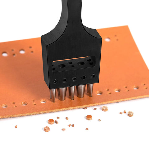Brogue Style Leather Hole Punches 5 Hole Puncher for DIY leatherwork shown perforating leather for stitching projects.