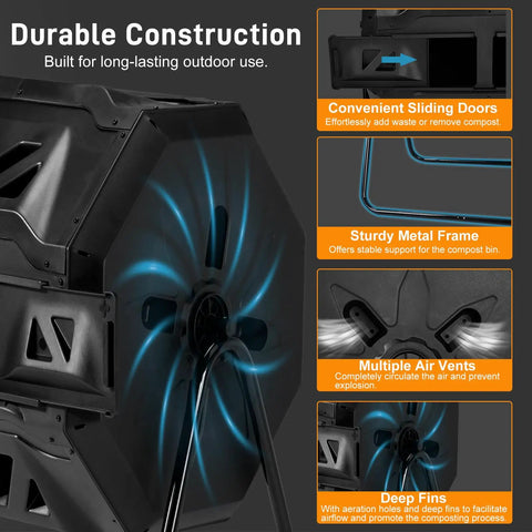 Dual Chamber Outdoor Compost Tumbler 42 Gallon with Sliding Doors and Gloves showcasing durable construction features