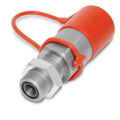 Summit Hydraulics flat-face hydraulic quick-connect coupler with red protective cap and silver threaded end.