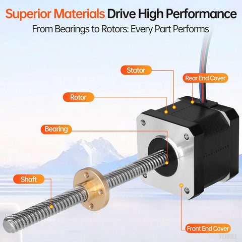 Nema 17 stepper motor with lead screw components labeled for 3D printers CNC machines DIY robots featuring high performance materials.