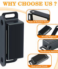 Stainless Steel Black Magnetic Cabinet Door Catch Set 4 Pack Magnetic Door Latches For Cabinets Closets Cupboards Drawers And Kitchen Rust Resistant Easy Install Sturdy Strong Hold No Frills, showing close-up of black latch with rust-proof finish and strong magnetic feature.