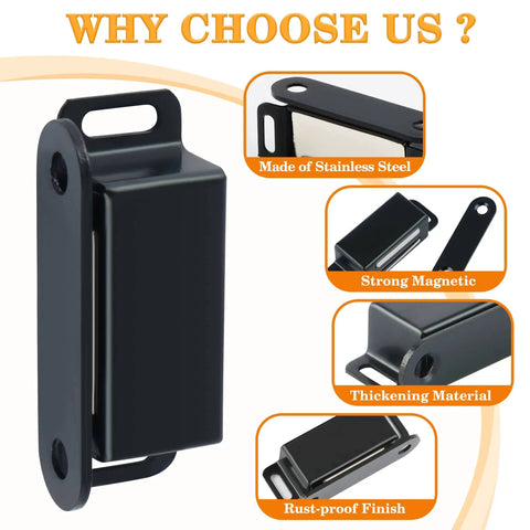 Stainless Steel Black Magnetic Cabinet Door Catch Set 4 Pack Magnetic Door Latches For Cabinets Closets Cupboards Drawers And Kitchen Rust Resistant Easy Install Sturdy Strong Hold No Frills, showing close-up of black latch with rust-proof finish and strong magnetic feature.