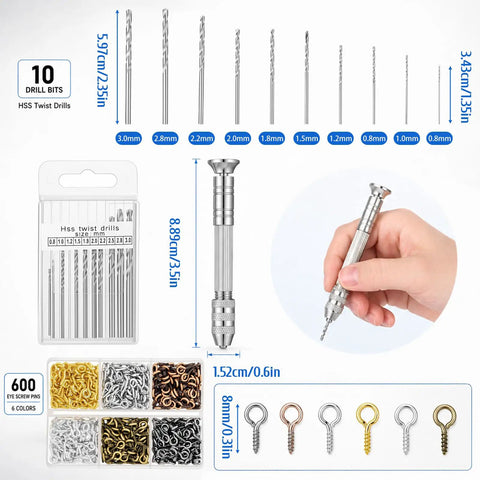 Top Shelf Pin Vise Hand Drill Set With A Dope Stainless Three Jaw Chuck And Ten Precision Drill Bits Ranging From Point Eight Mm To Three Mm Ideal For No Sweat Jewelry Making Resin Casting And Weekend Diy Projects, showing drill bits and a hand holding the drill.