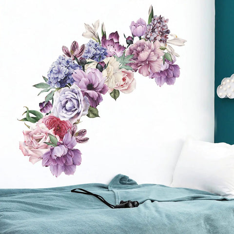 Giant Peony Wall Decals Four Piece Set With Watercolor Rose Blooms above bed in a living room, eco-friendly self-adhesive vinyl.