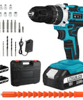 Heavy Duty Cordless Drill Plus Electric Screwdriver Power Tool Set With Rechargeable Battery And Two Speed Settings Plus Twenty Five Torque Adjustments For Slick Crafting Projects That Knock Out Tasks With Zero Sweat, featuring drill, battery, and bit set.