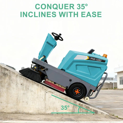 Badass Heavy Duty Ride On Industrial Floor Sweeper Devours Workplace Clutter Fast With Huge 26.4 Gallon Hopper and Bulletproof All Terrain Wheels For Nonstop Sweeping Power on a 35-degree incline.