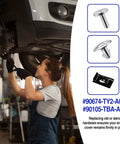 Woman using tools on a vehicle undercarriage with engine splash shield hardware kit displayed. 14 Piece Engine Splash Shield Hardware Kit Featuring Heavy Duty Bolts And Secure Mounting Clips For Skid Plate And Oil Pan Cover Swap Crafted From Tough Corrosion Resistant Metal To Keep Road Junk Out While Delivering Dependable Underbody Armor That Runs.