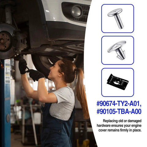 Woman using tools on a vehicle undercarriage with engine splash shield hardware kit displayed. 14 Piece Engine Splash Shield Hardware Kit Featuring Heavy Duty Bolts And Secure Mounting Clips For Skid Plate And Oil Pan Cover Swap Crafted From Tough Corrosion Resistant Metal To Keep Road Junk Out While Delivering Dependable Underbody Armor That Runs.