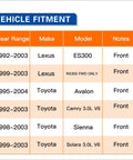 Vehicle fitment chart for Front Wheel Hub Bearing Assembly Fits Toyota Sienna 1998 To 2003 Avalon 1995 To 2004 Camry 1992 To 2003