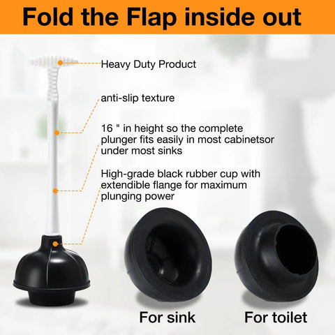 Heavy Duty Toilet Plunger Bulk Pack Of Six Black Double Thrust Rubber Force Cups Built Like A Tank For Knocking Out Stubborn Drain Clogs And Commercial Cleaning Teams, showing 16-inch plunger with black rubber cup for sink and toilet.