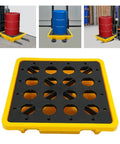 Spill Containment Pallet With Drain 26.4 By 26.4 By 5.9 Inches HDPE Leak Containment Tray with yellow border and grid design