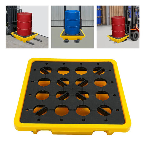 Spill Containment Pallet With Drain 26.4 By 26.4 By 5.9 Inches HDPE Leak Containment Tray with yellow border and grid design
