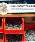 Heavy Duty Metal Self Drilling Expansion Screws Drywall Wall Anchors 50 Piece Rock Solid Mounting Kit displayed in red storage bins.
